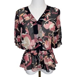 Vintage Worthington Women Black Asian Floral Print Sheer Peplum‎ Blouse 8 Y2K